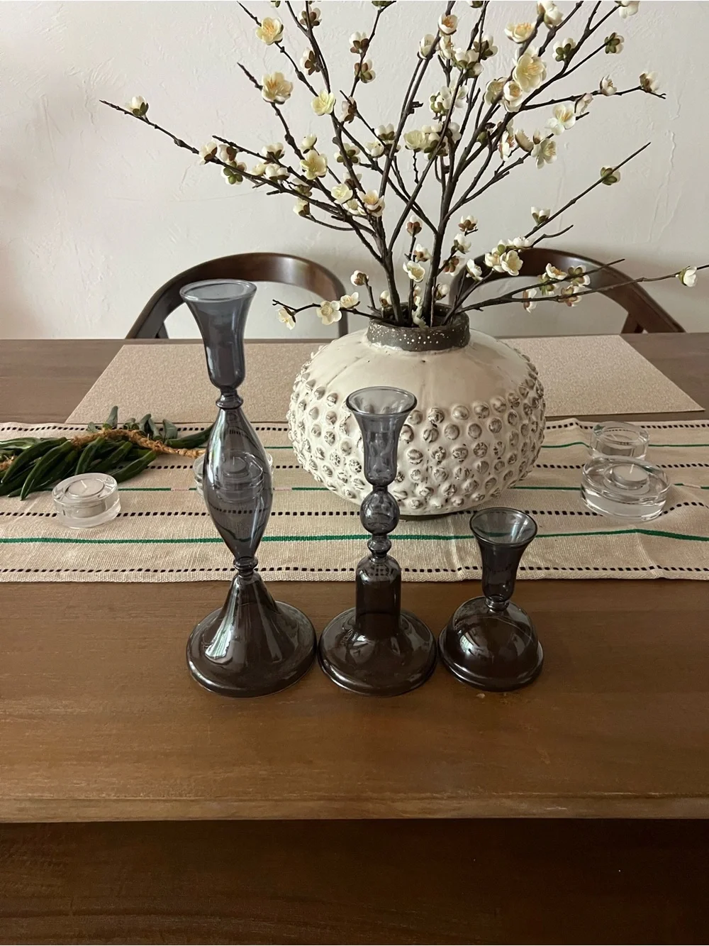 CRATE & BARREL. Smoked Blue Glass Taper Candle Holders - Set of 3